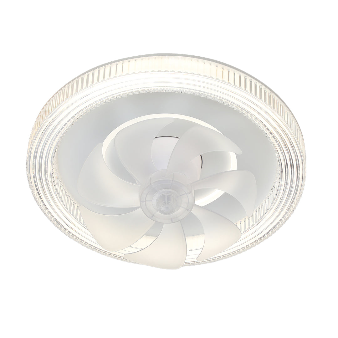 Isolated product view of the sleek circular ceiling fan with light highlighting the compact, flush-mount design. 