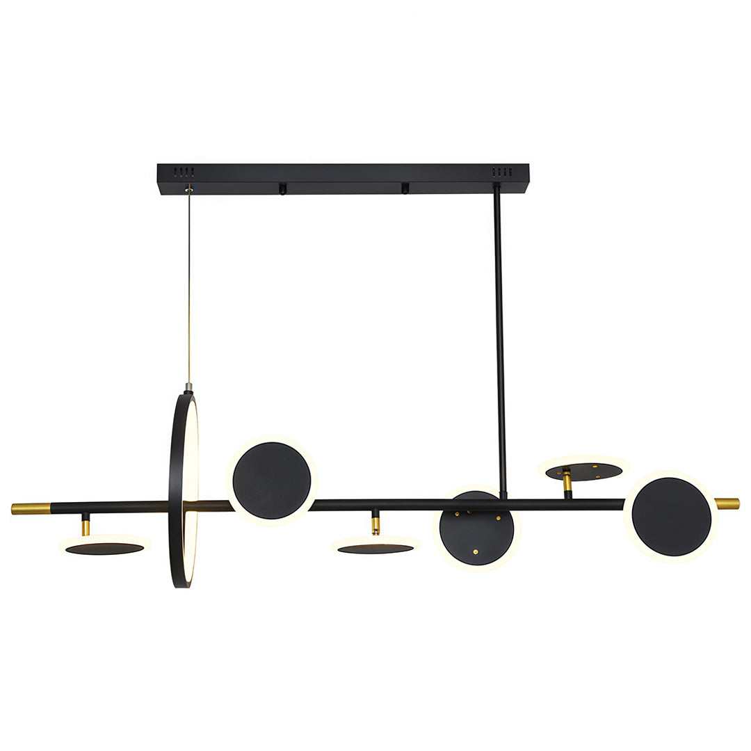 Isolated product shot of the contemporary 6 light chandelier, showcasing its unique horizontal arrangement and integrated LED lights.