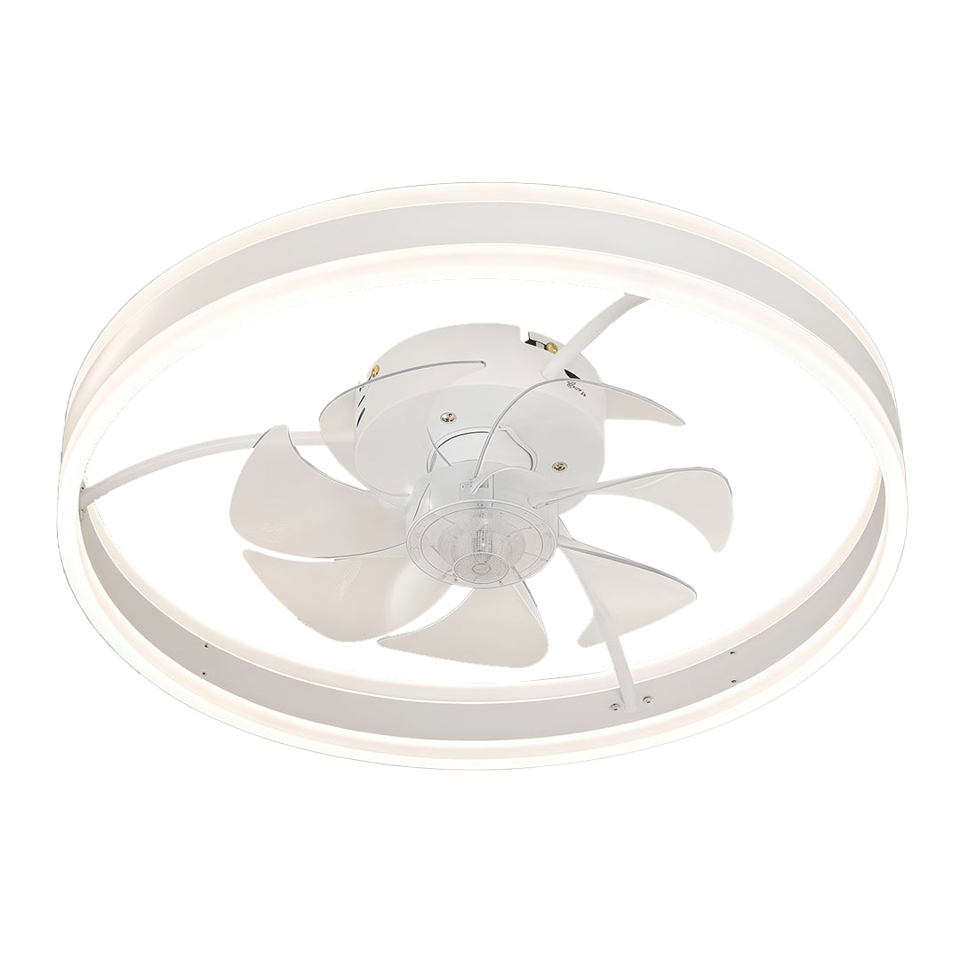 Isolated product view of the modern white ceiling fan with light emphasizing the clean lines and contemporary circular aesthetic. 