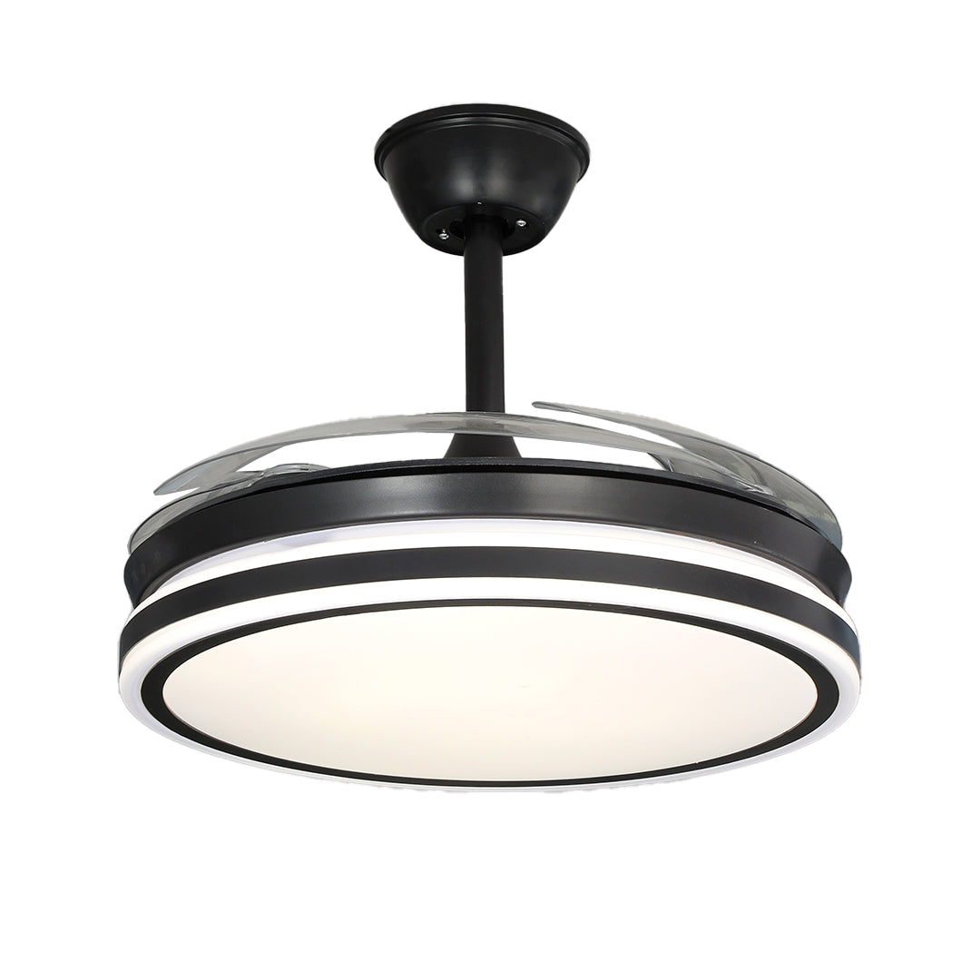Isolated product shot of the round LED black ceiling fan with lights fixture 