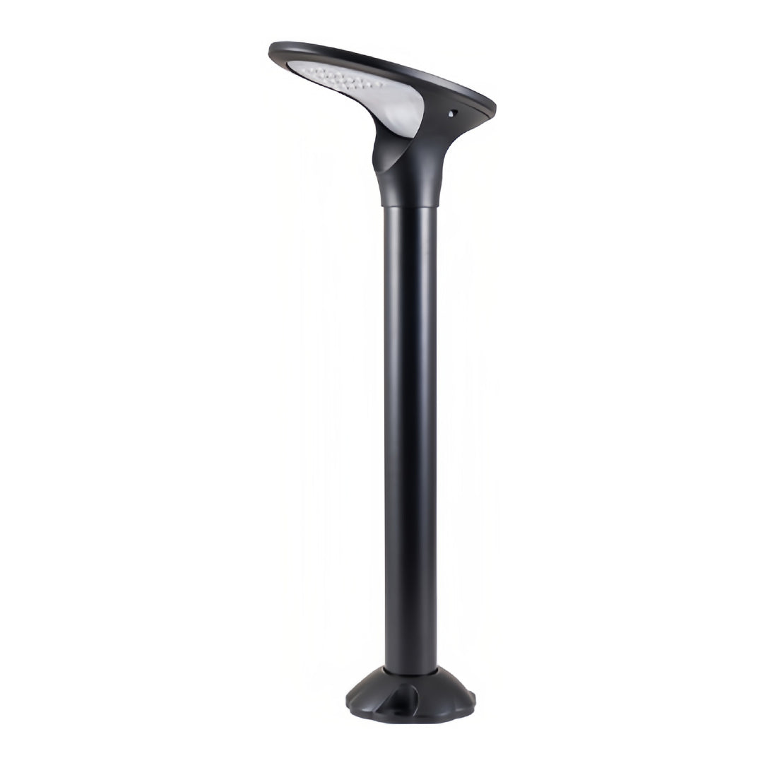 Full isolated product view of the tall black solar bollard lights with its modern, angled cap design.
