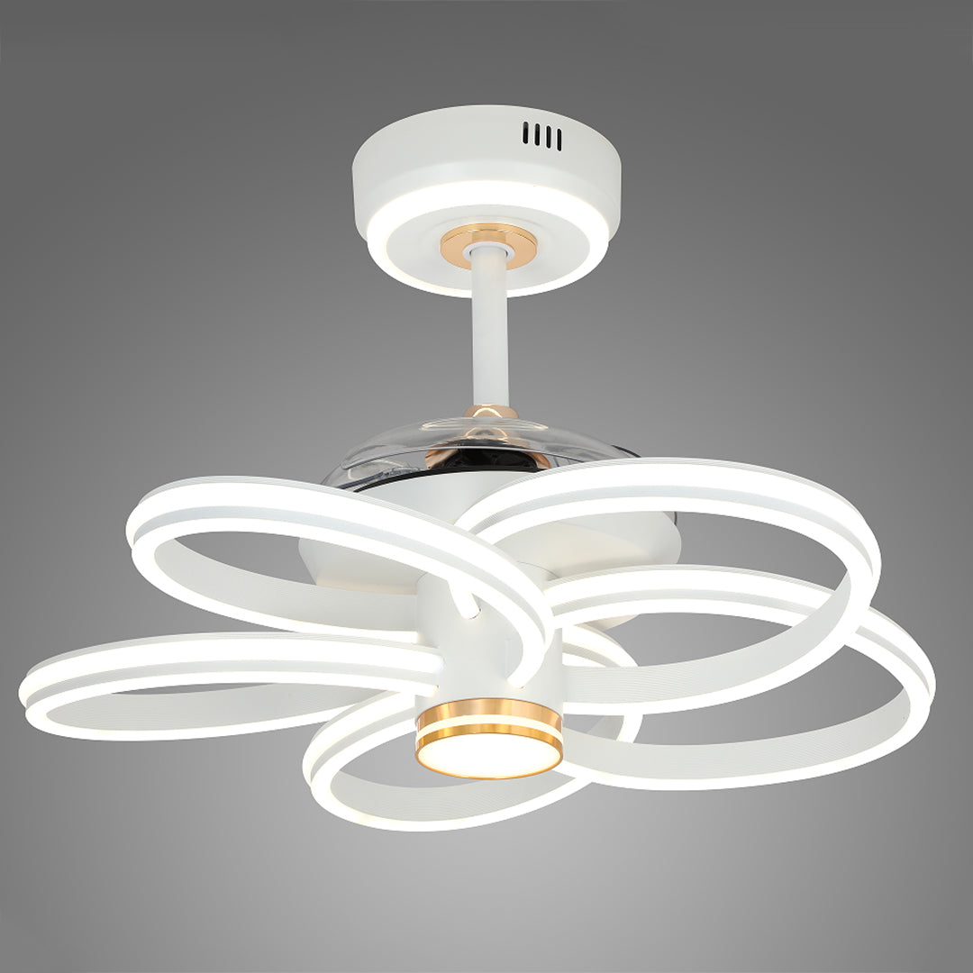 Isolated product view of the white ceiling fans white with light with six curved LED rings forming a unique blossom shape. 