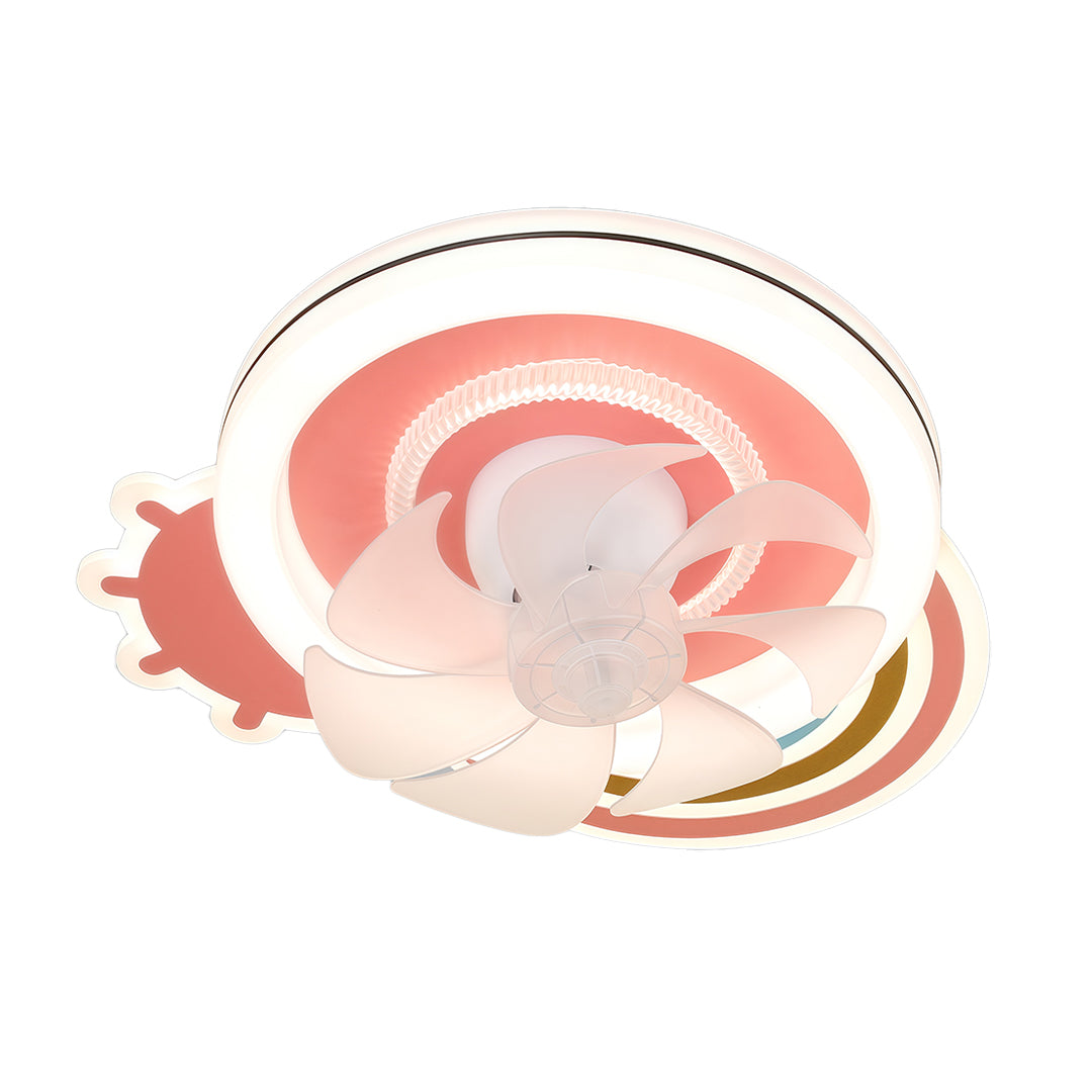 Isolated view of the beautiful ceiling fans with lights fixture showcasing the round white base and soft pink and gold detailing. 