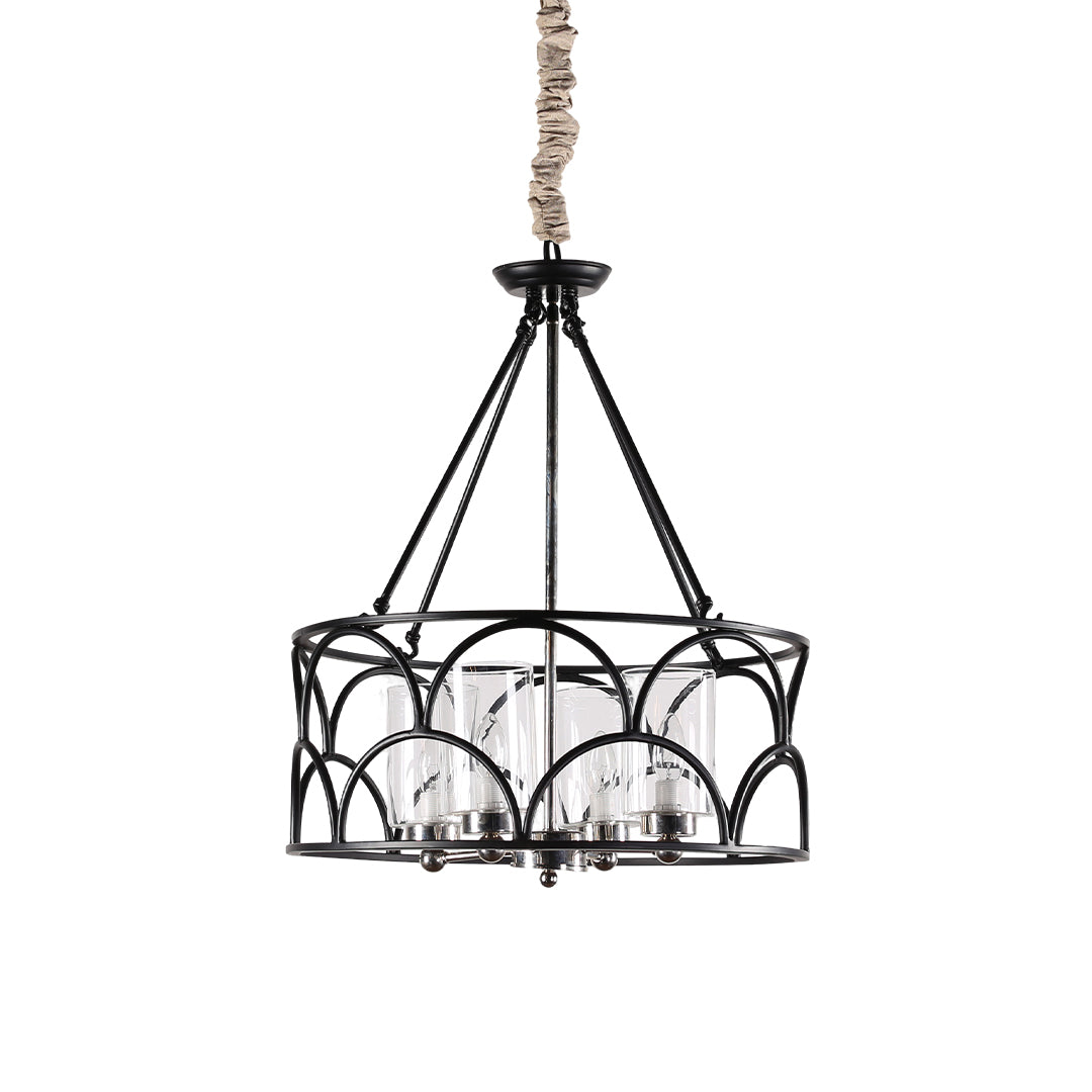 Isolated view of the rustic chandelier with black metal cage and decorative rope chain suspension.