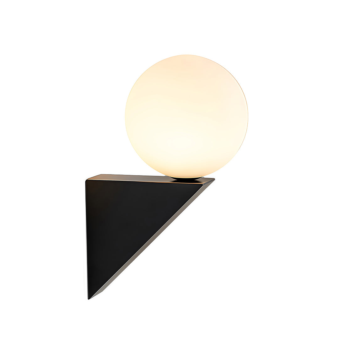 Isolated product shot of the sculptural globe wall light and black triangular bracket on a white background.