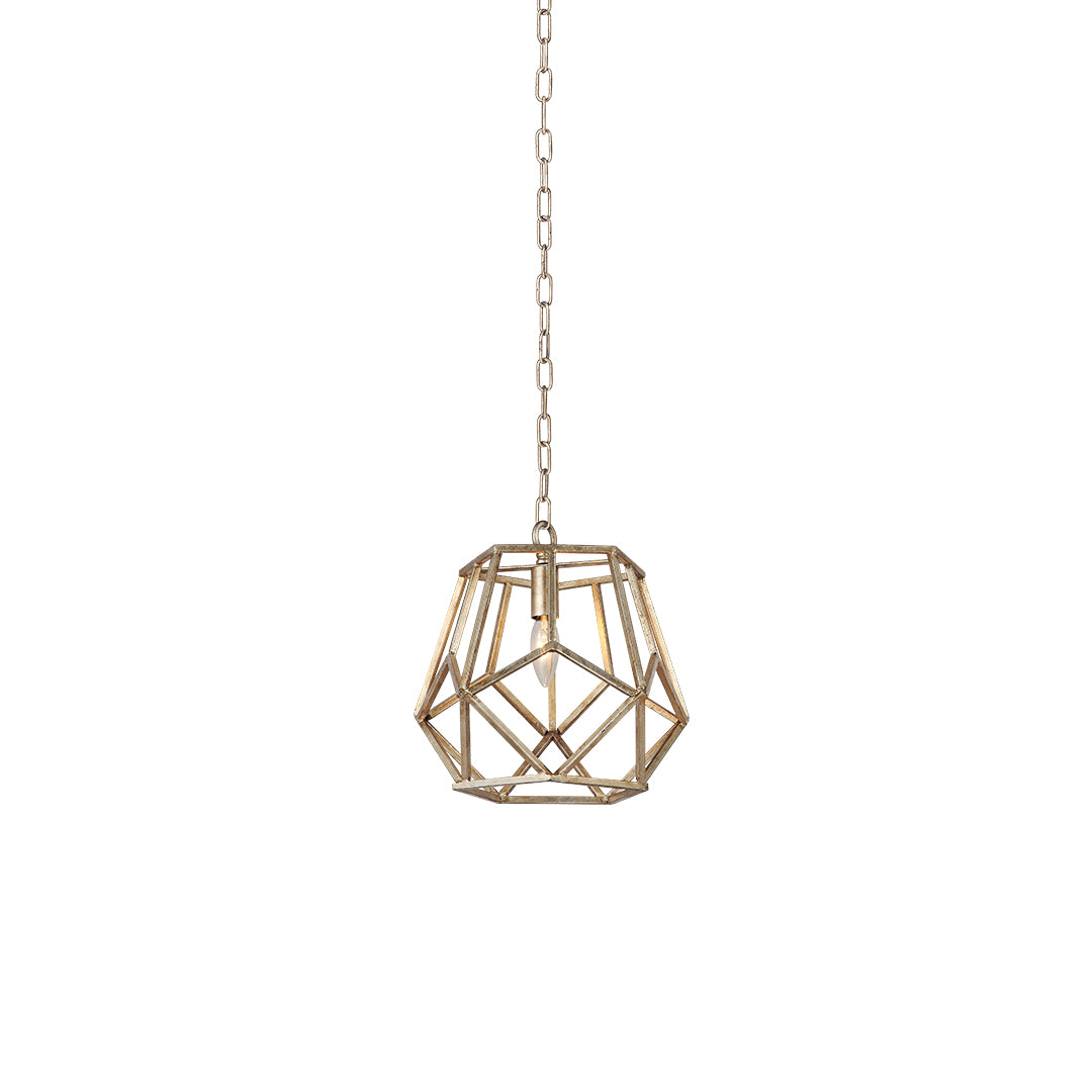 Isolated gold hanging pendant light fixture, showcasing its simple chain suspension and the elegant, open-framed polyhedron design.