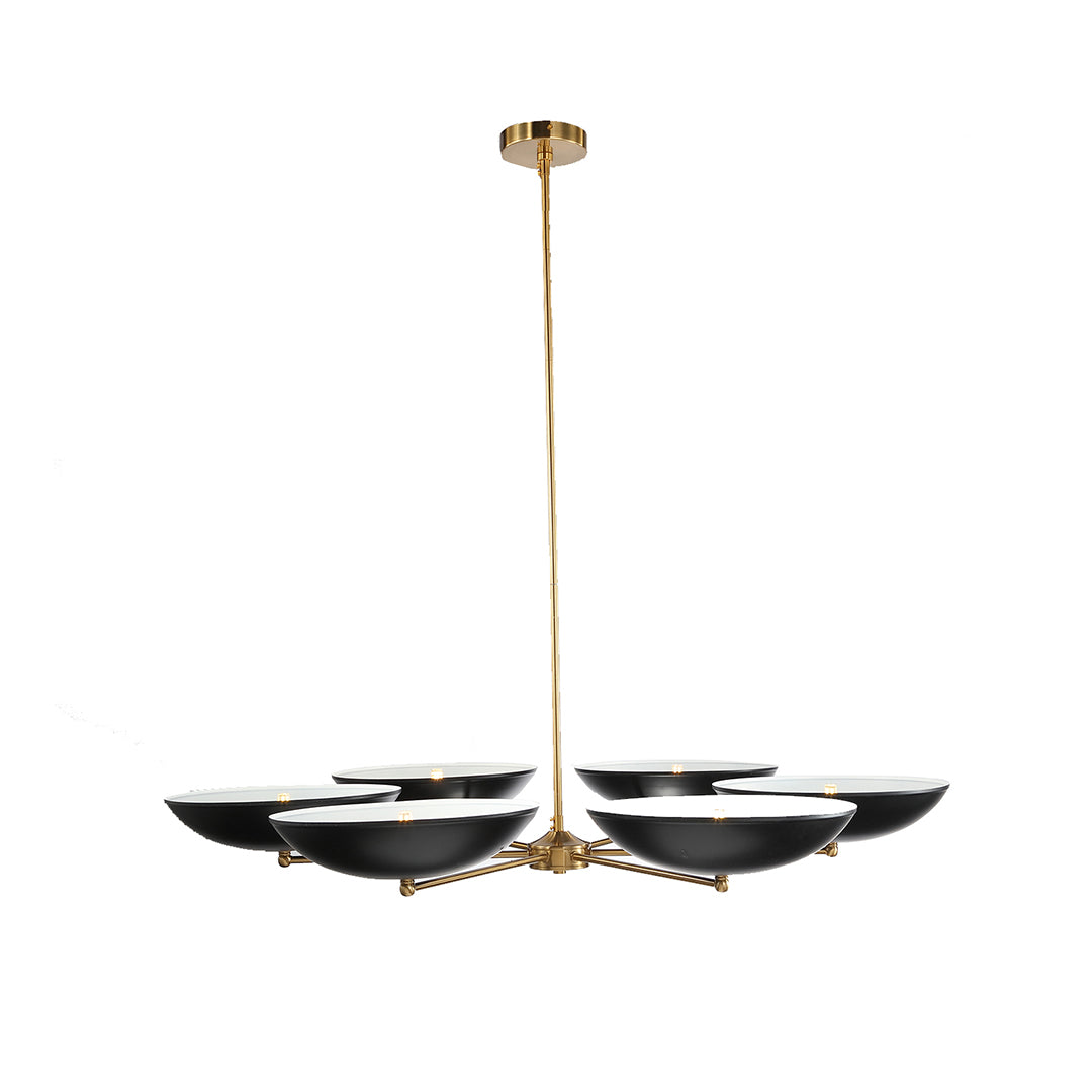 Isolated view of the contemporary black and gold chandeliers, highlighting the sleek, horizontal design and the contrasting colors of the shades and brass frame.