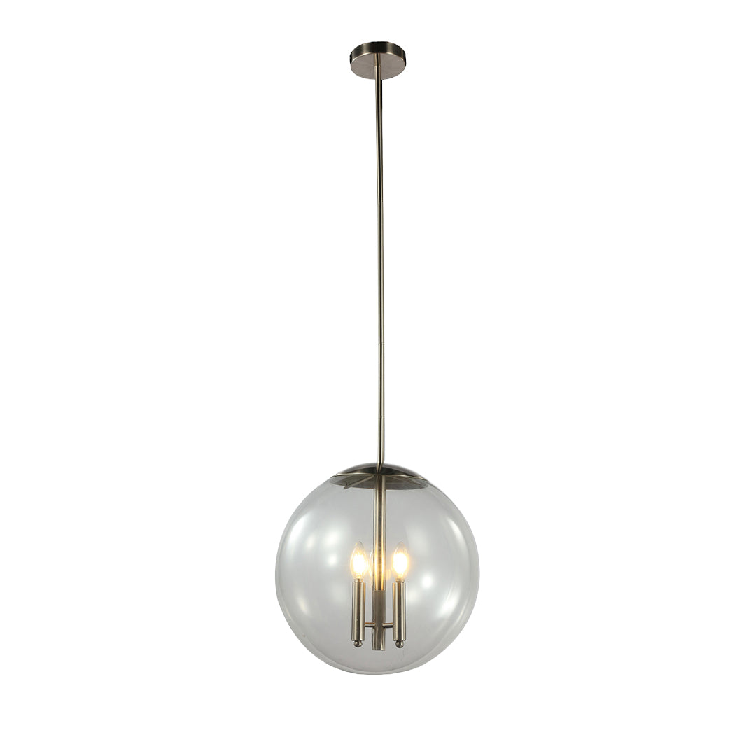 Isolated product view of the contemporary glass orb pendant light on a stem mount with polished silver hardware.