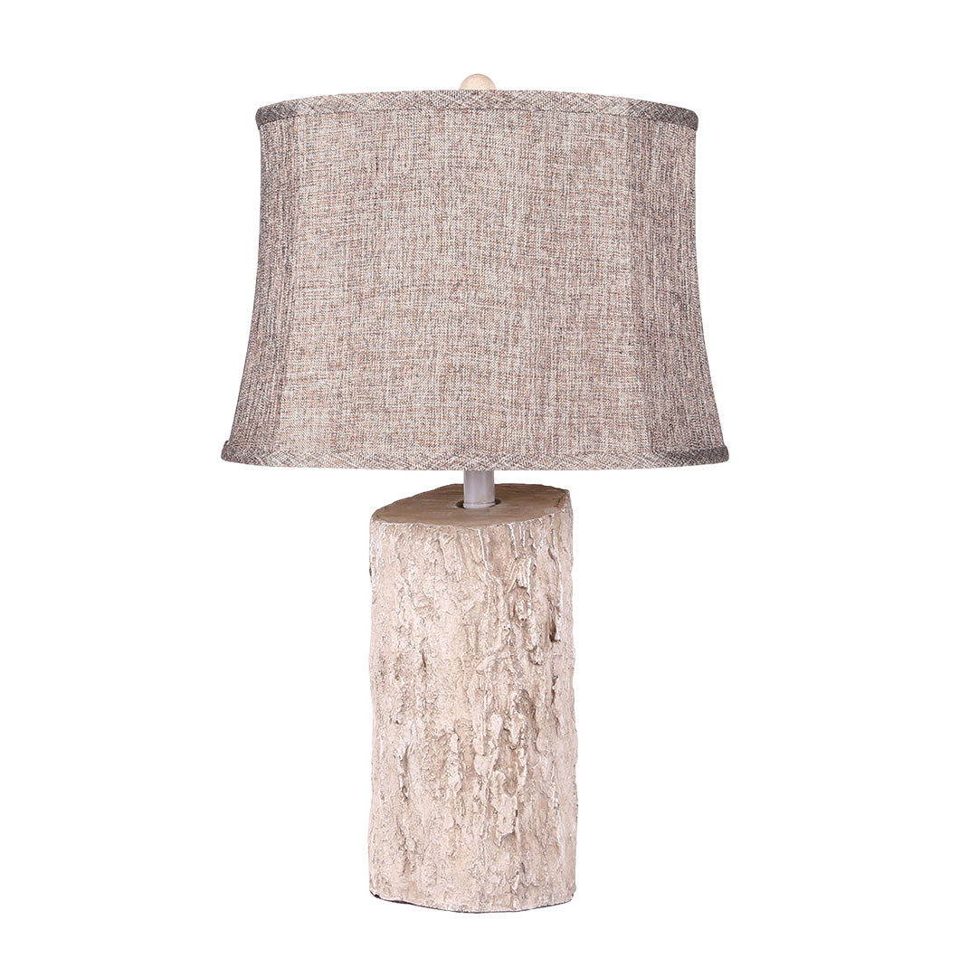 Isolated product view of the white wood table lamp showing the tall, angled base design and the textured brown lampshade.
