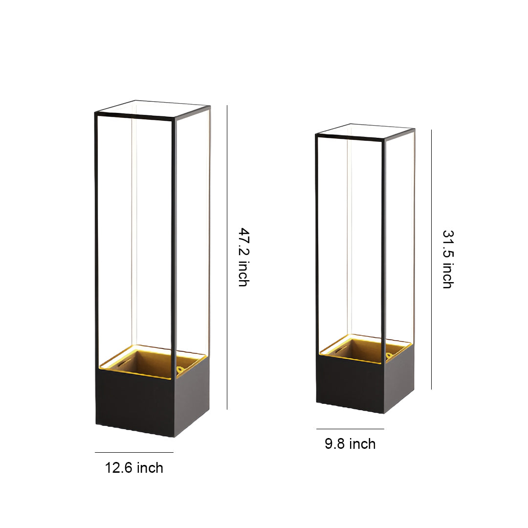 Isolated view of the tall square floor lamps with a black frame and integrated light, detailing the large 12.5-inch base and 47.2-inch height.