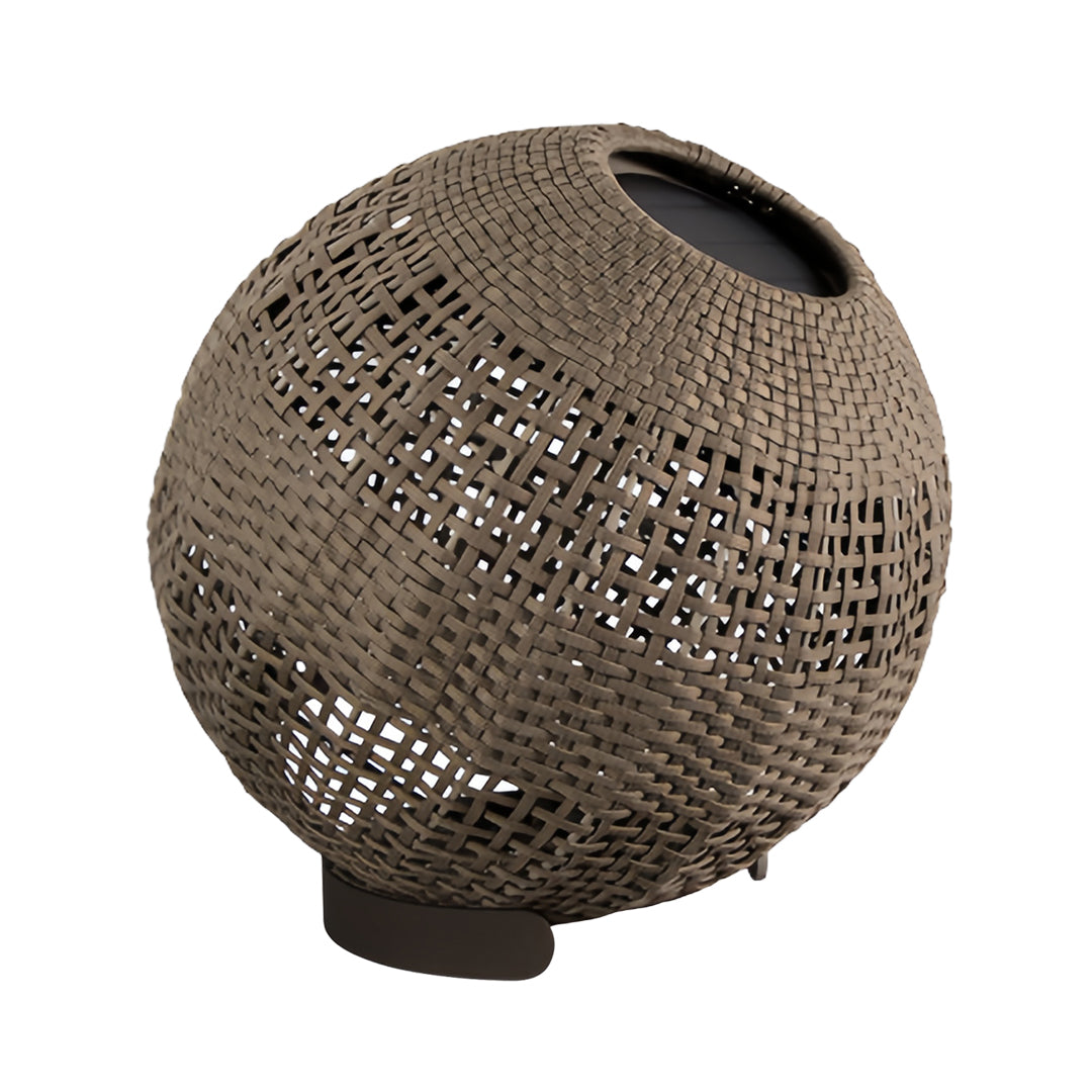 Isolated product view of the large outdoor globe lantern, showcasing the durable, taupe-colored woven synthetic rattan material.