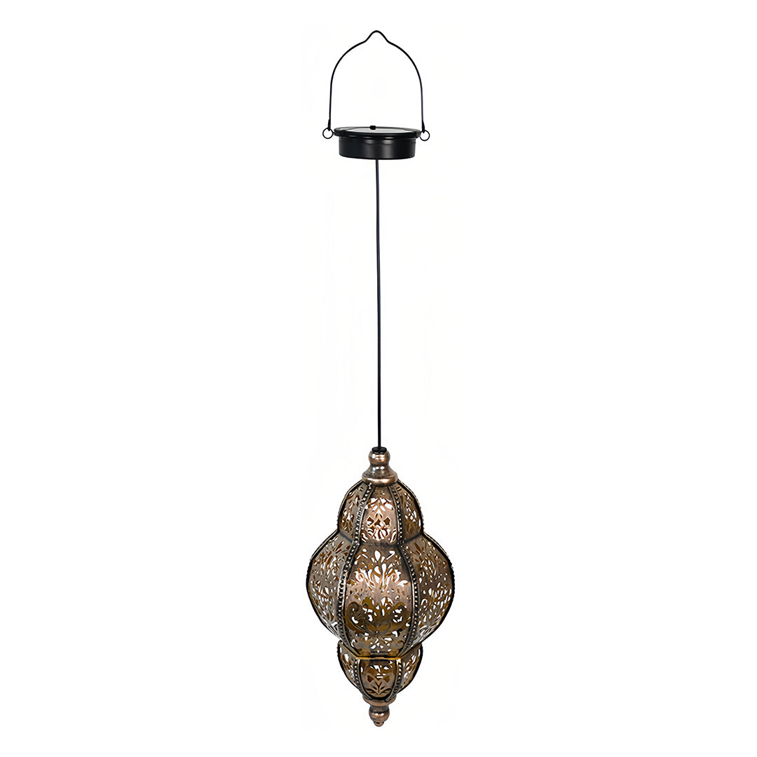 Isolated product shot of the teardrop metal outdoor moroccan lanterns with long hanging cord on a white background.