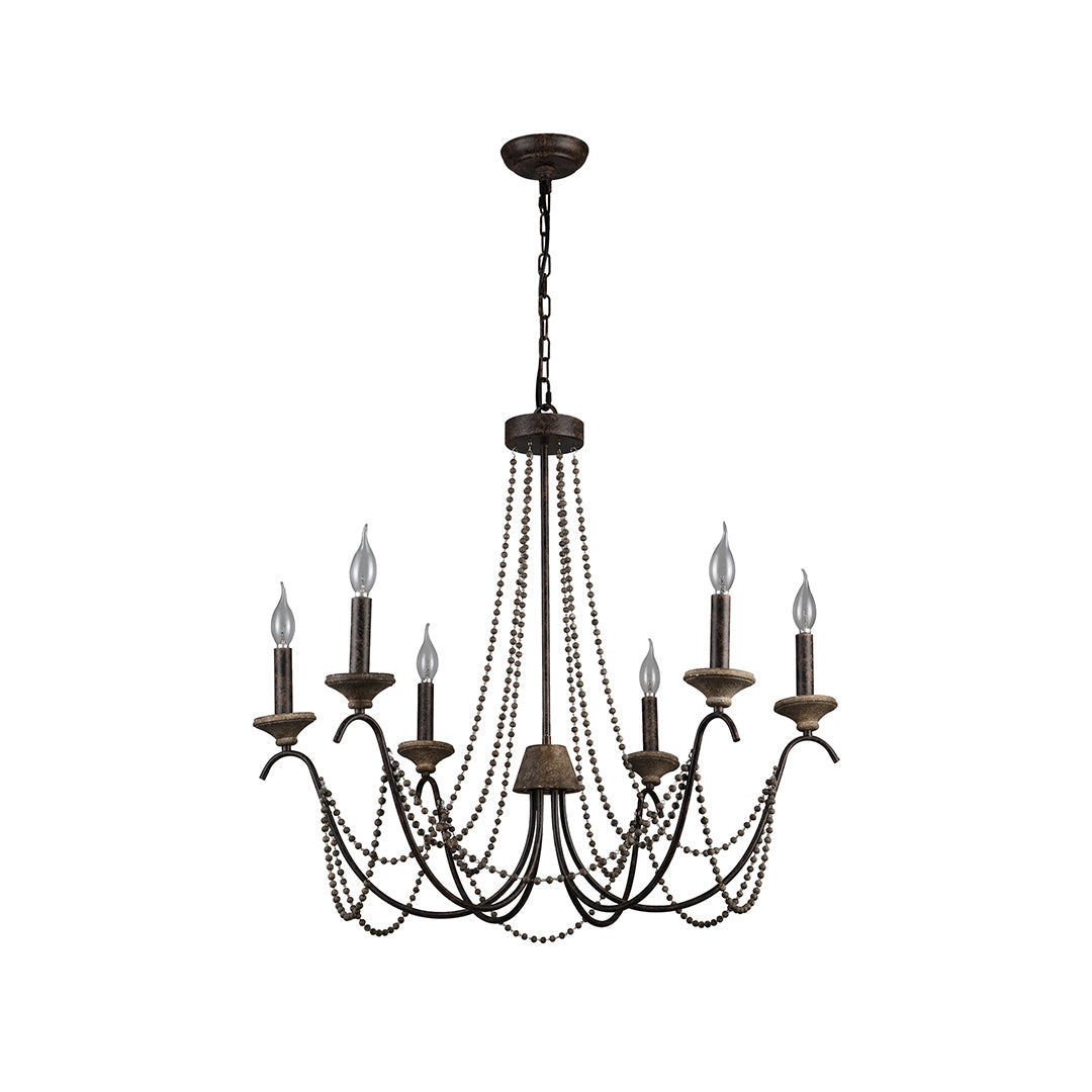 Isolated view of the French style chandelier, showcasing its ten candle-style lights and highly detailed traditional metalwork.