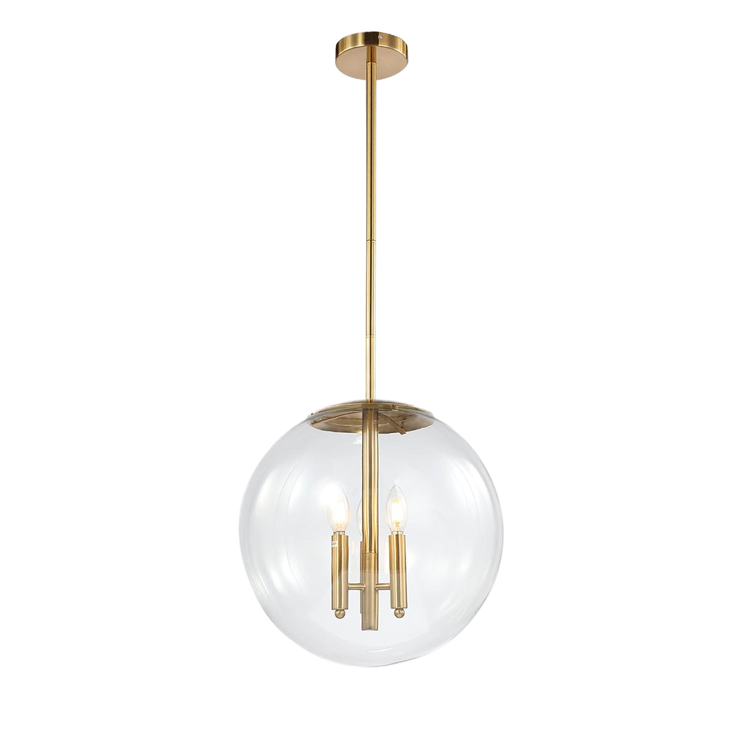 Isolated product view of the three-light clear globe pendant light, showing the inner chandelier-style cluster.