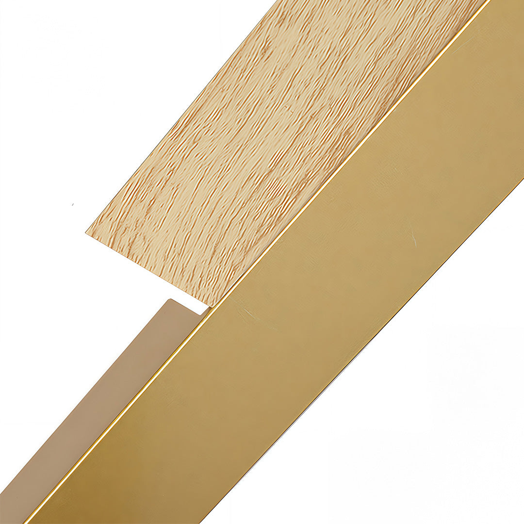 Isolated view of the two-panel linear led wall light, showing the slightly offset wood and gold strips.