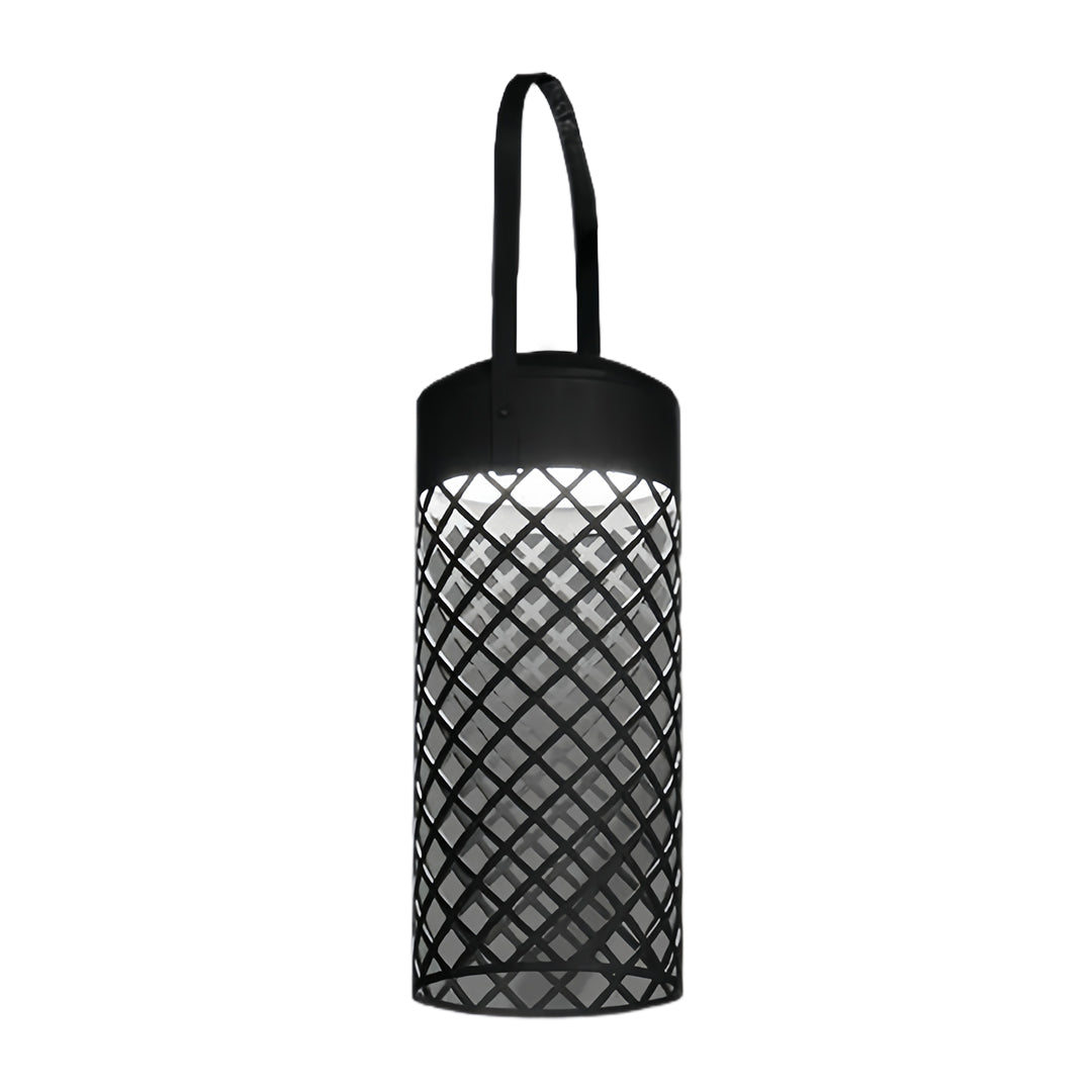 Isolated product view of the black outdoor pendant lantern featuring a top handle and geometric lattice diffuser.