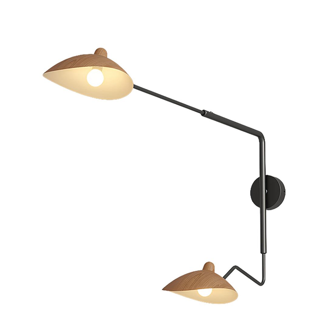 Isolated view of the black articulated swing arm wall light with two shades, including a wood-tone accent on the upper shade for a modern rustic look.