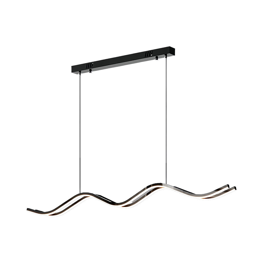 Isolated view of the wavy black kitchen island pendant light, showcasing the slim, modern profile against a white background.