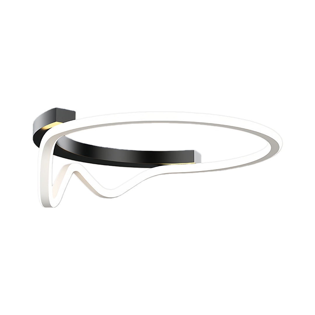 Isolated product view of the white and black geometric flush mount light design with a horizontal ring and abstract loop.