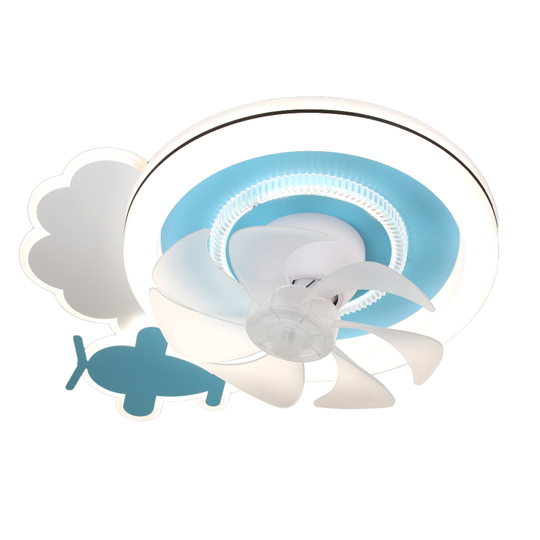 Isolated front view of the white and blue airplane-themed children's ceiling fans with lights showcasing the hidden three-blade propeller. 