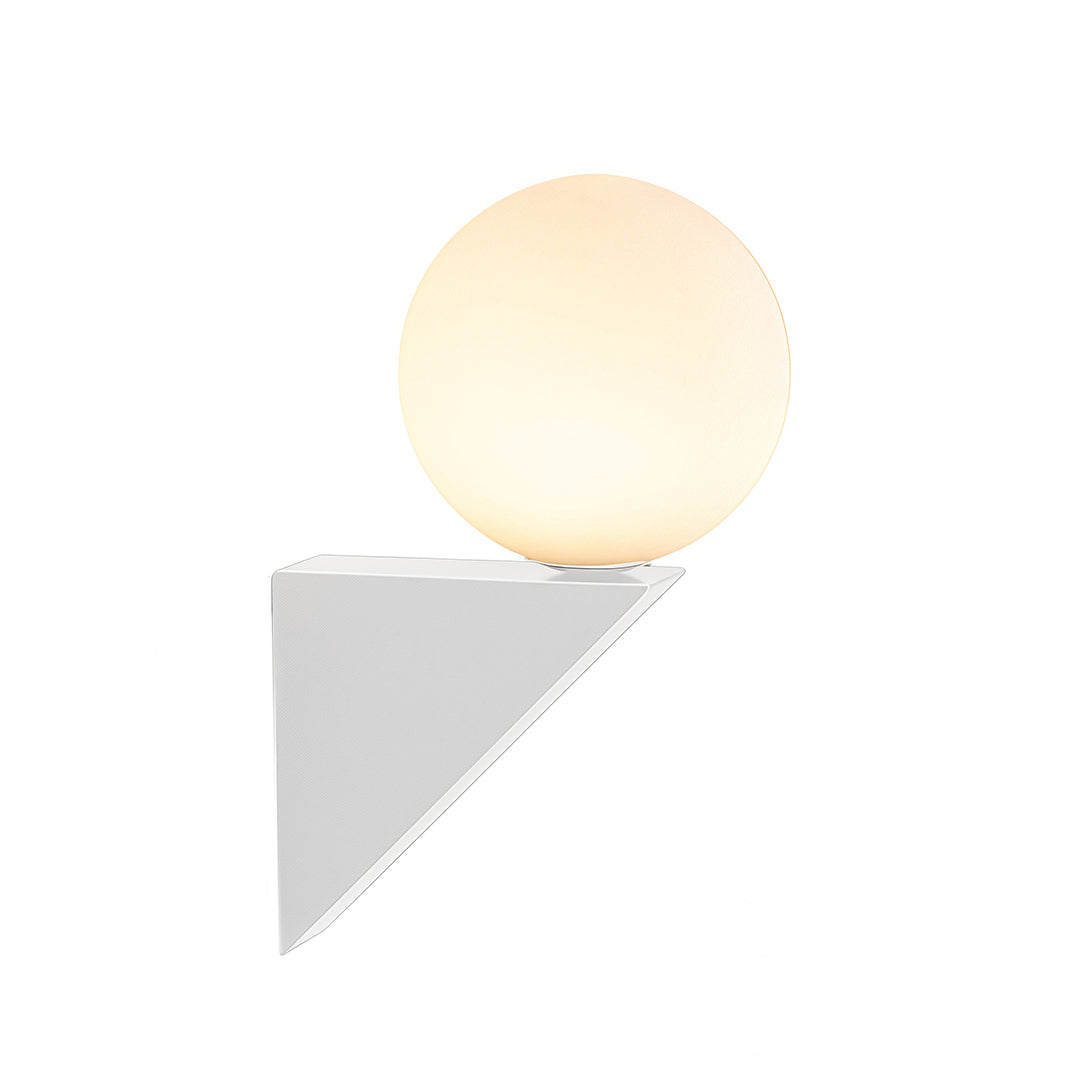 Isolated product shot of the white frosted globe wall light on a geometric silver/white triangular base.