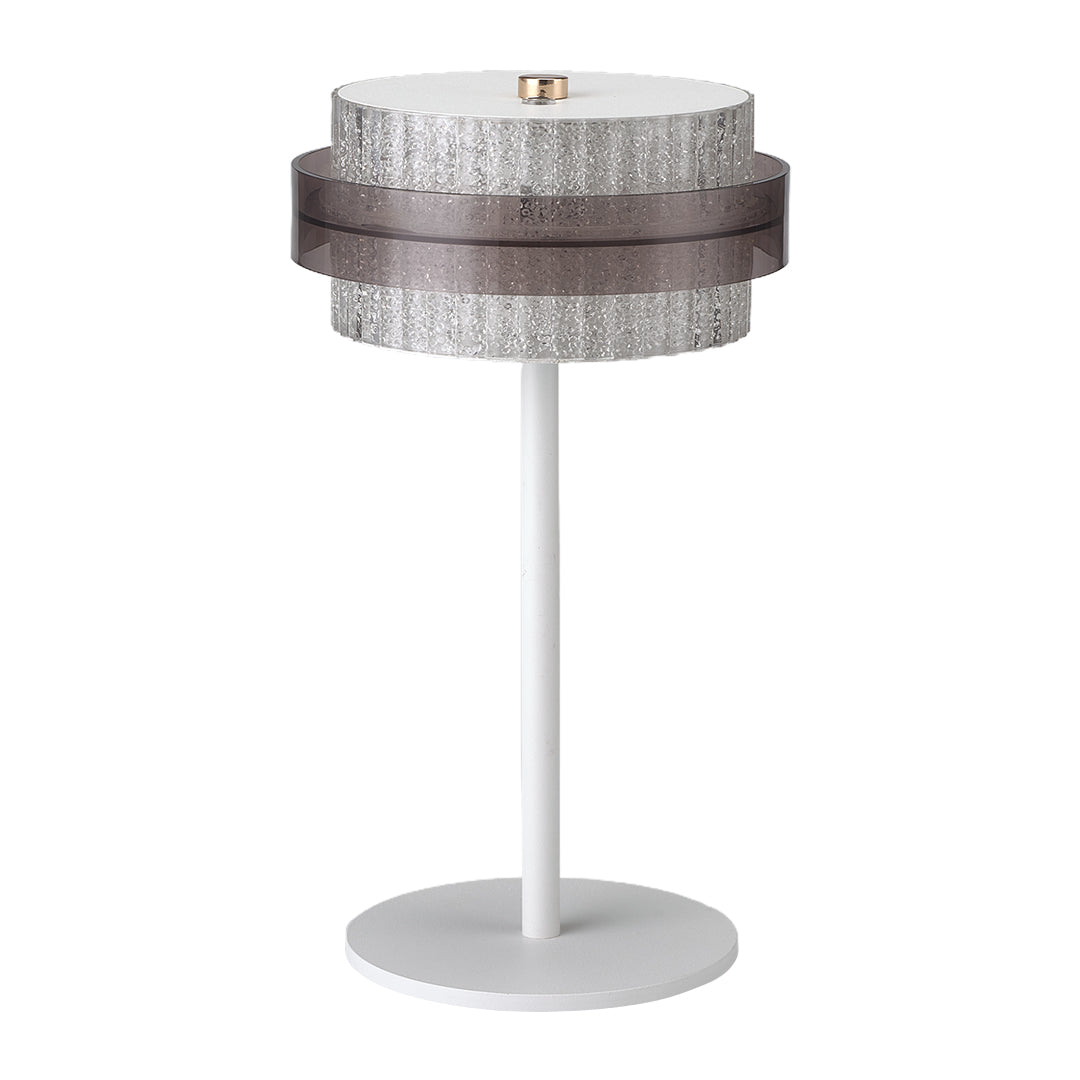 Isolated view of the white vintage metal table lamp style with a silver-gray textured crystal shade ring.