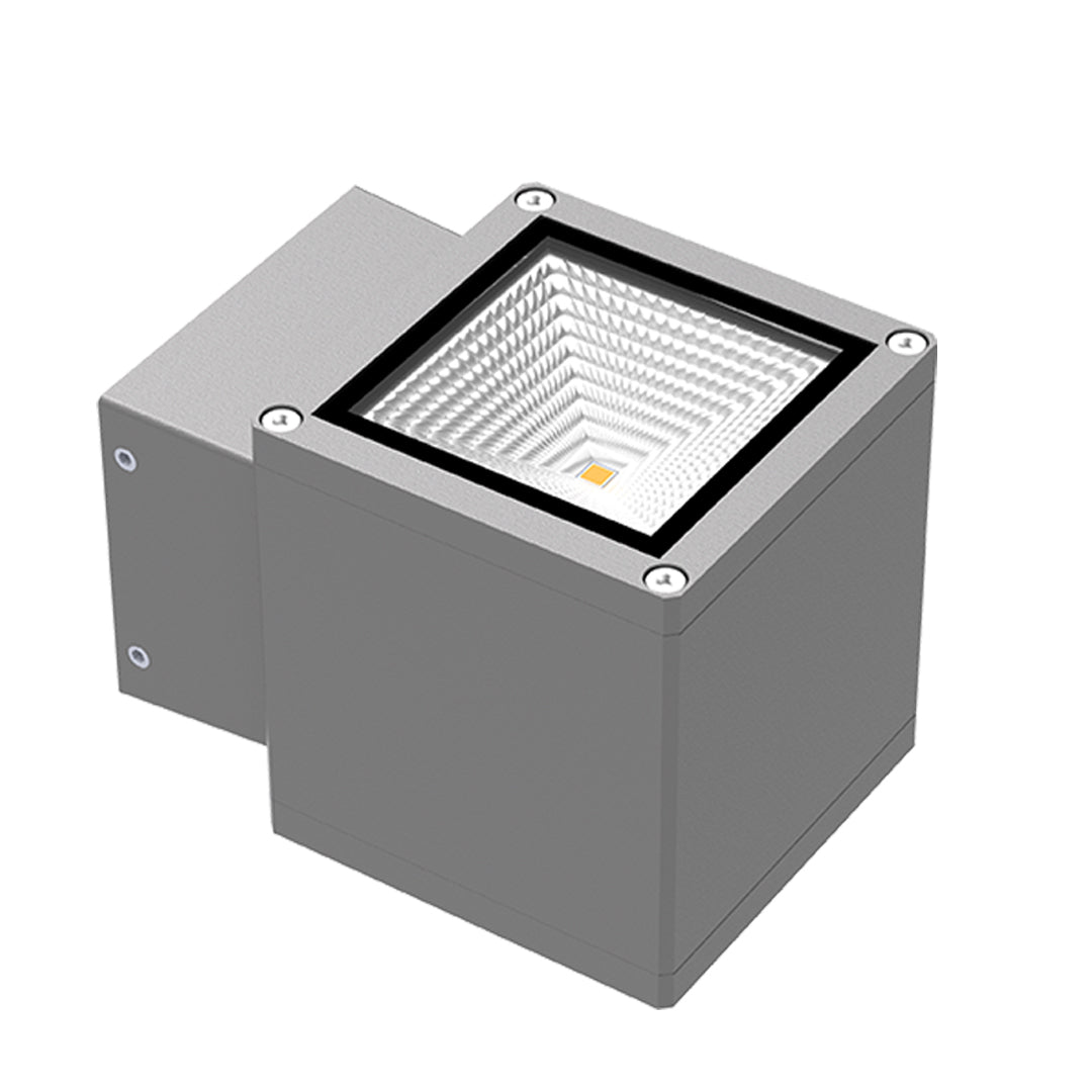 Isometric view of the modern gray cube Outdoor Wall Light Waterproof showing the deep internal reflector.