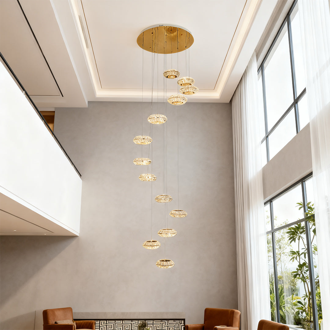 Italian style chandelier in a dining area with large windows, enhancing the ambiance with warm lighting.