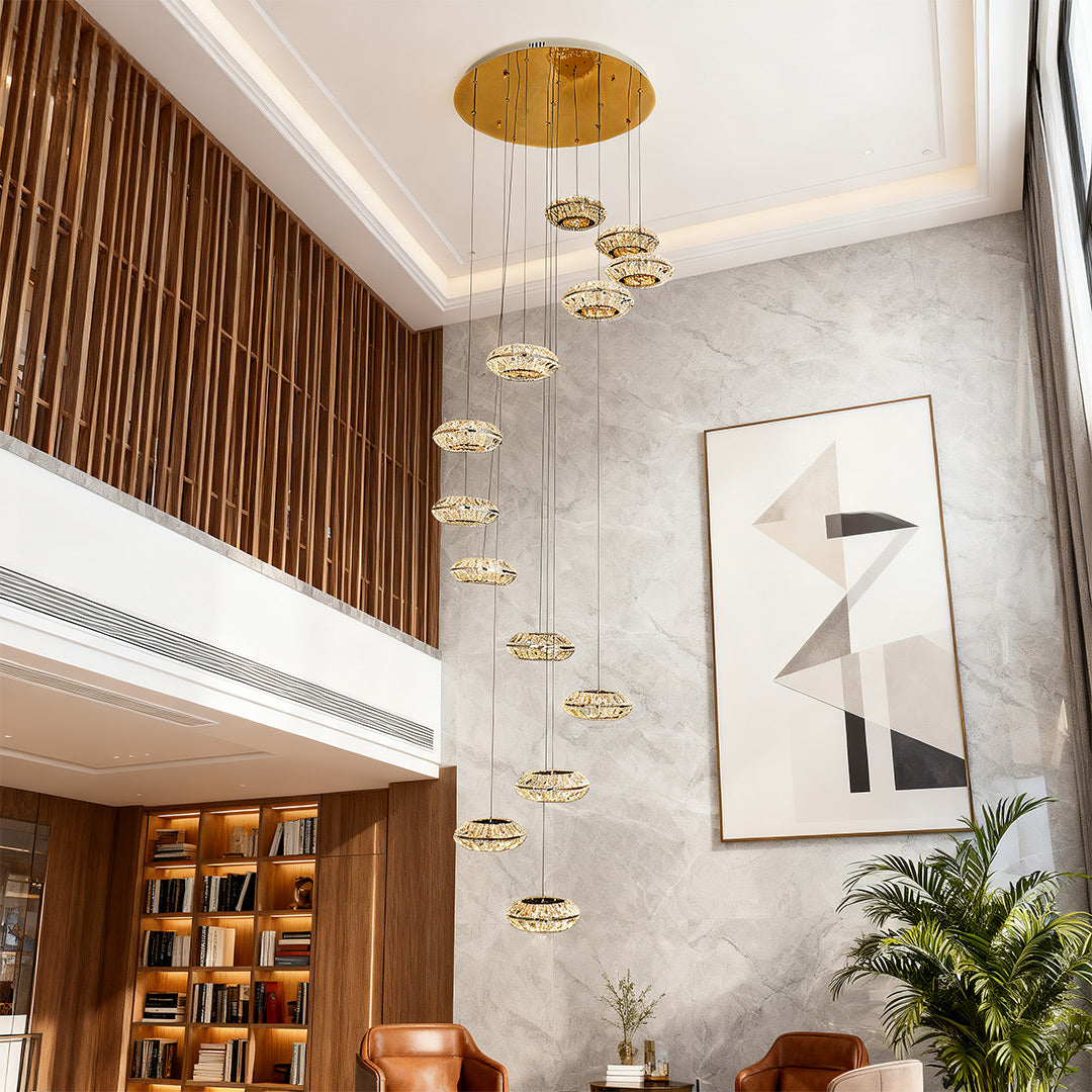 Italian style chandelier with gold accents in a modern interior, adding elegance to the space.