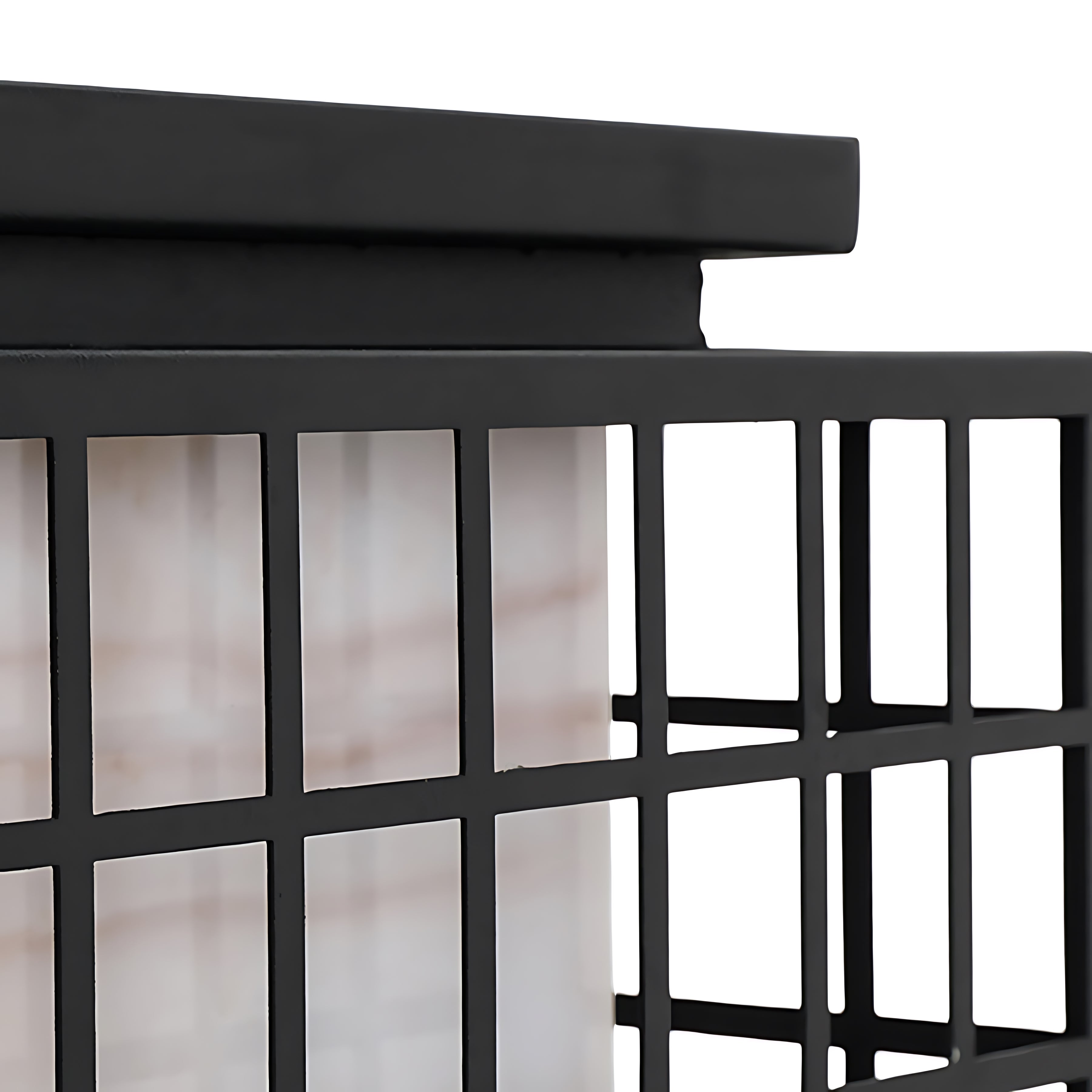 Close-up detail view of traditional Japanese lantern construction showing black frame and geometric grid pattern design