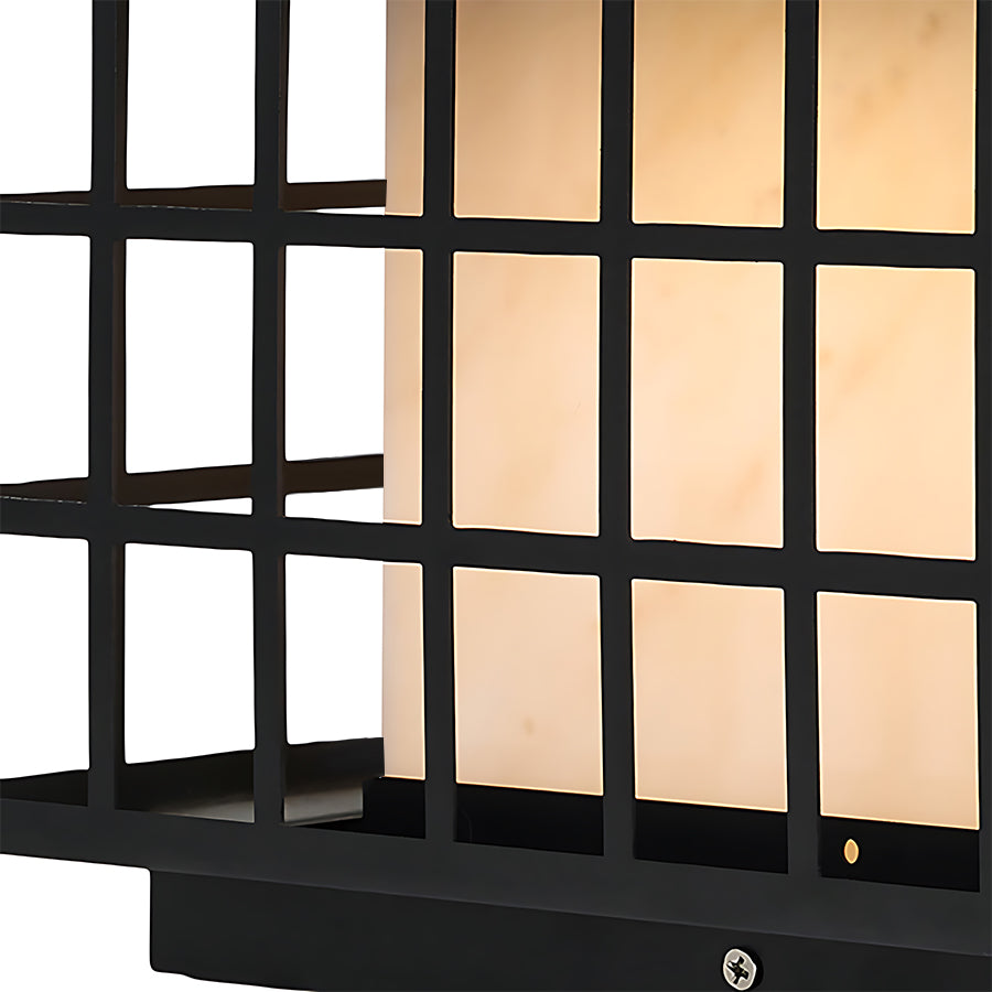 Japanese-style solar lantern with traditional black grid pattern and warm LED illumination for authentic garden lighting