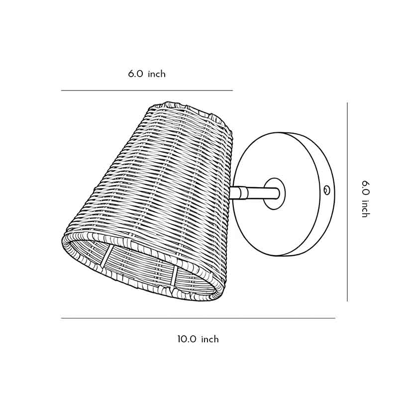 Technical drawing of a Japanese wall light, showing dimensions and installation details for the rattan shade model.