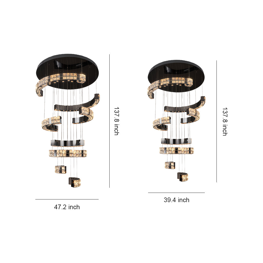 Size chart of a K9 crystal chandelier with detailed height and diameter measurements.