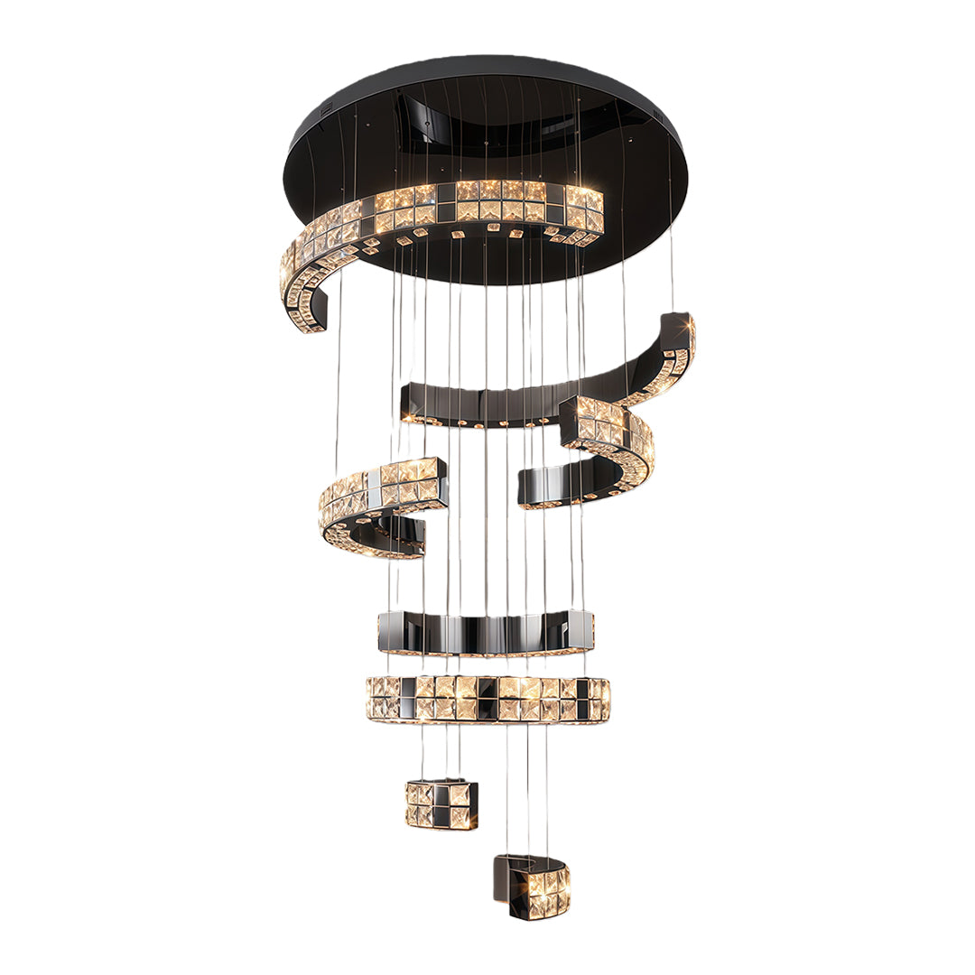 Four-tier K9 crystal chandelier with spiral hanging design.
