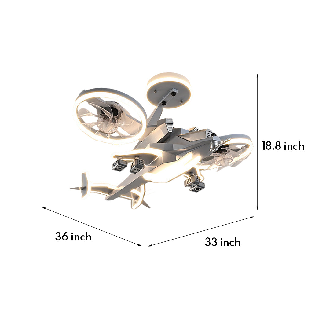 Technical specifications and dimensions for kids ceiling fan with light featuring airplane propeller design
