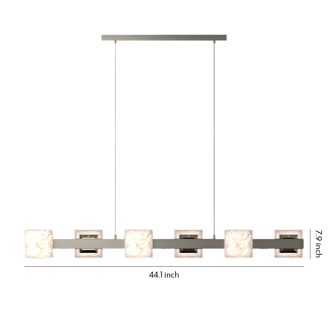 Contemporary kitchen island chandelier with a circular frame and evenly spaced stone glass shades.