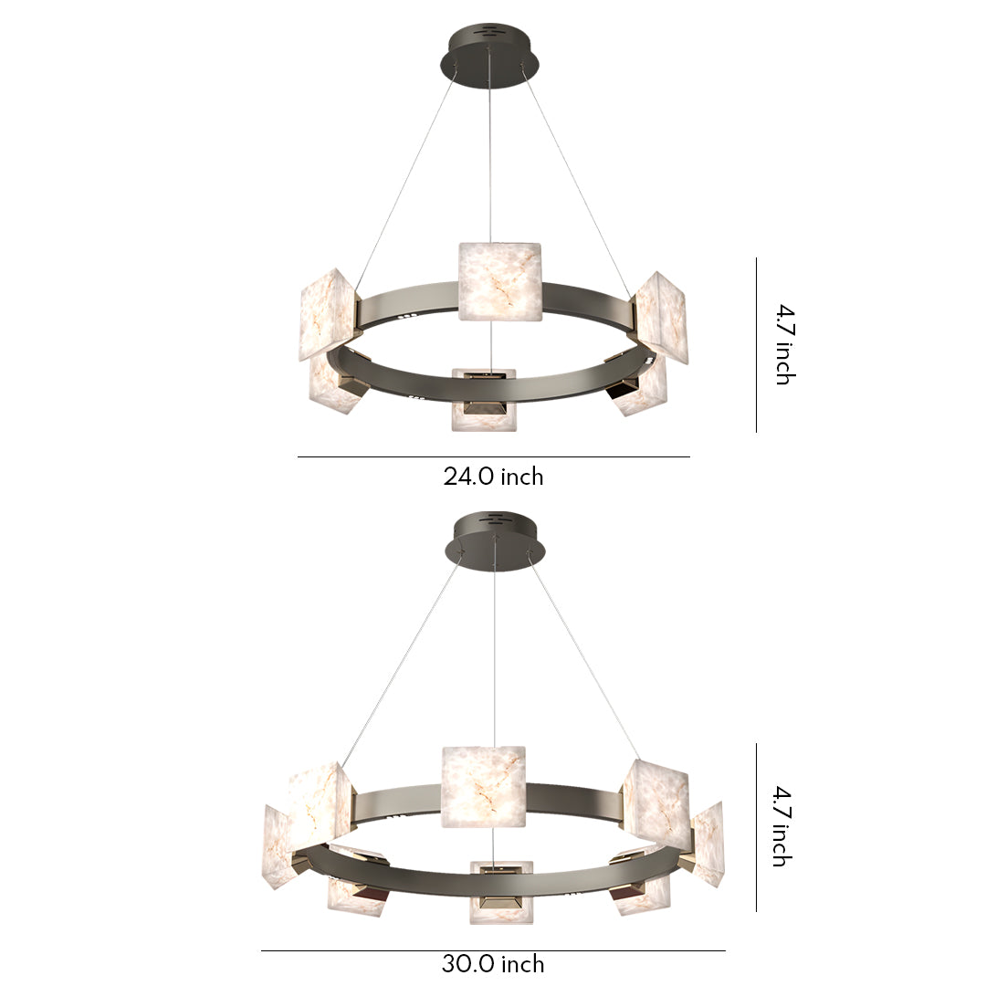 Modern round kitchen island chandelier showing multi-angle views with stone-textured block shades.