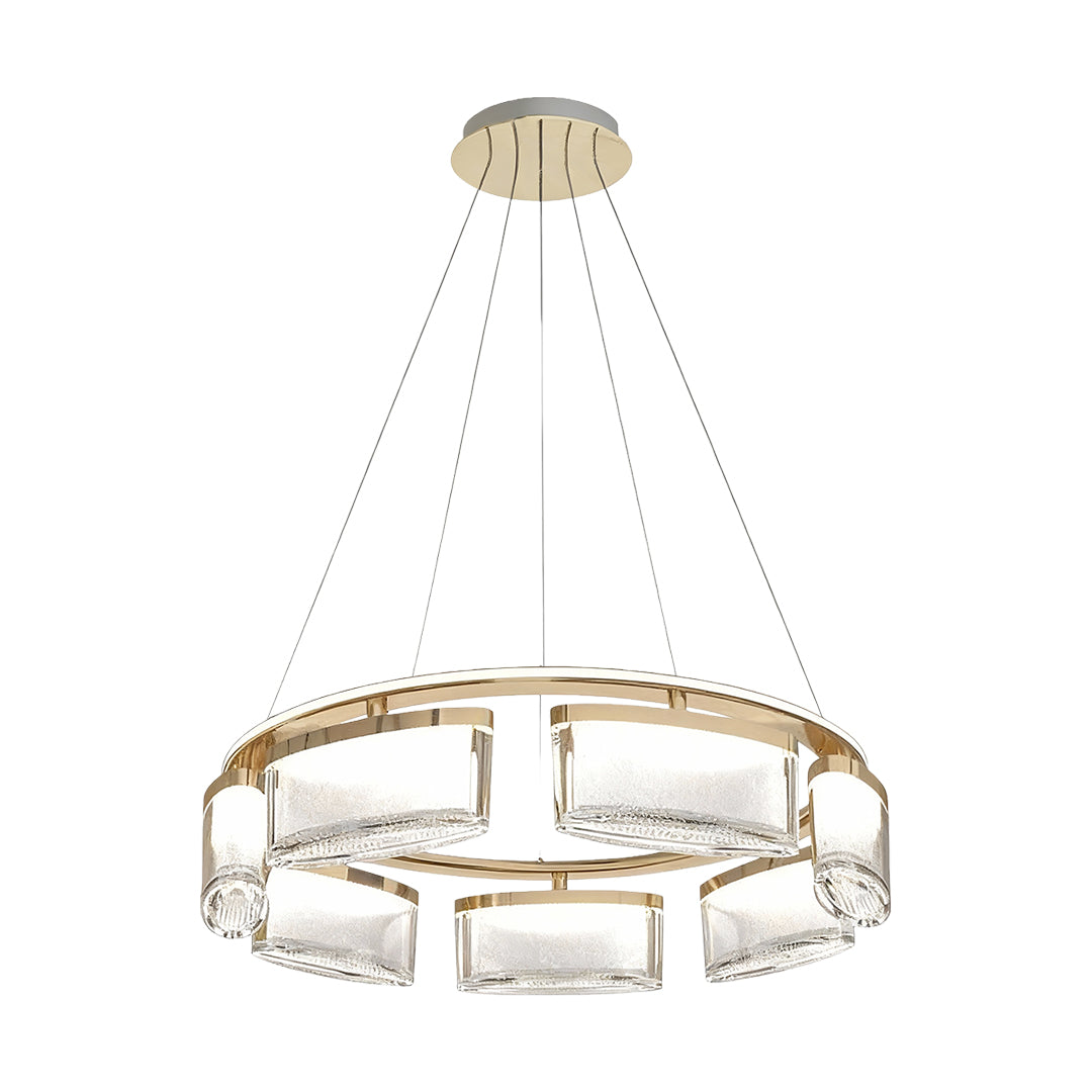Kitchen island chandelier modern with circular ring design featuring rectangular crystal glass segments in brass finish