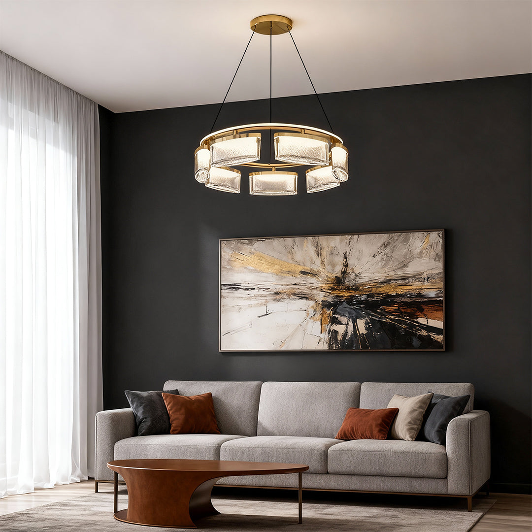 Kitchen island chandelier modern as dramatic centerpiece in modern living room with dark walls and abstract artwork