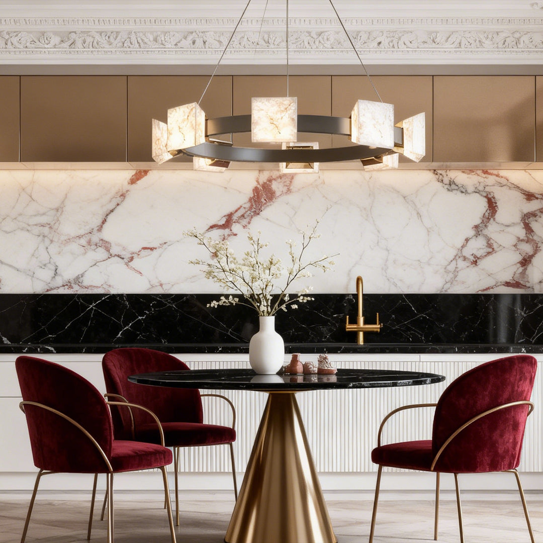 Spacious living-dining room with a circular kitchen island chandelier modern design in stone-effect glass.