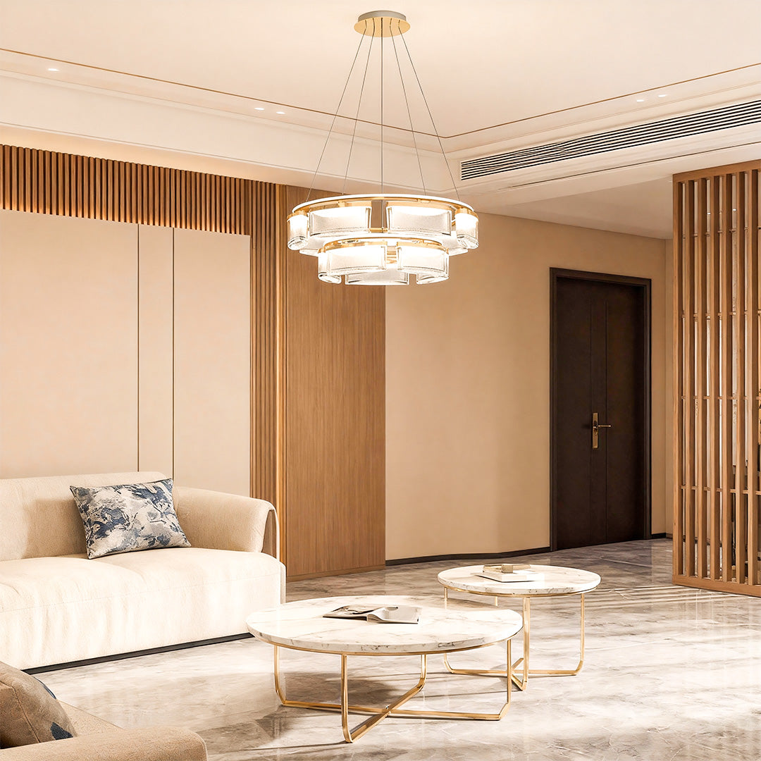 Kitchen island chandelier modern suspended in luxurious bedroom with wooden slat ceiling and modern furnishings