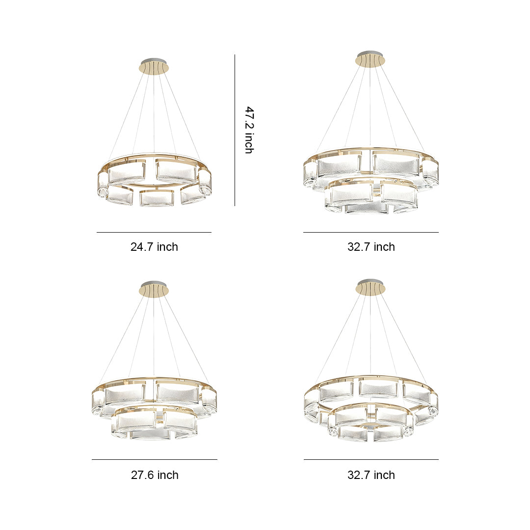 Multiple kitchen island chandelier modern designs showing circular and oval configurations with crystal glass panels in gold