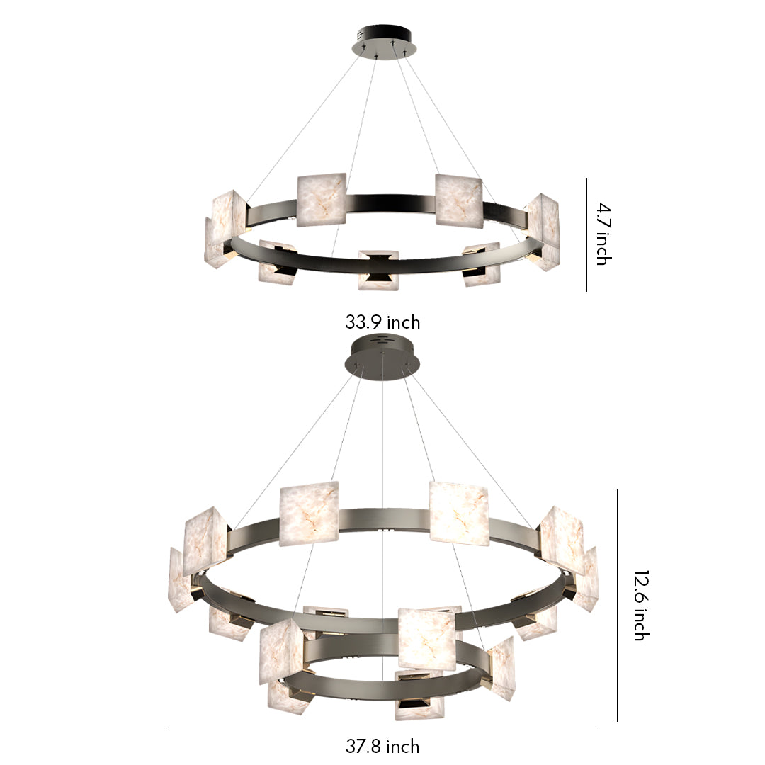 Slim vertical kitchen island chandelier modern style with stacked stone-effect cube lights.