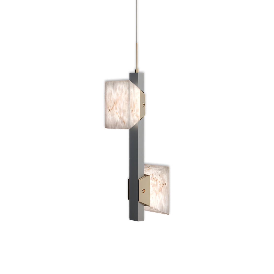Linear kitchen island chandelier modern fixture with four illuminated stone-effect glass blocks.
