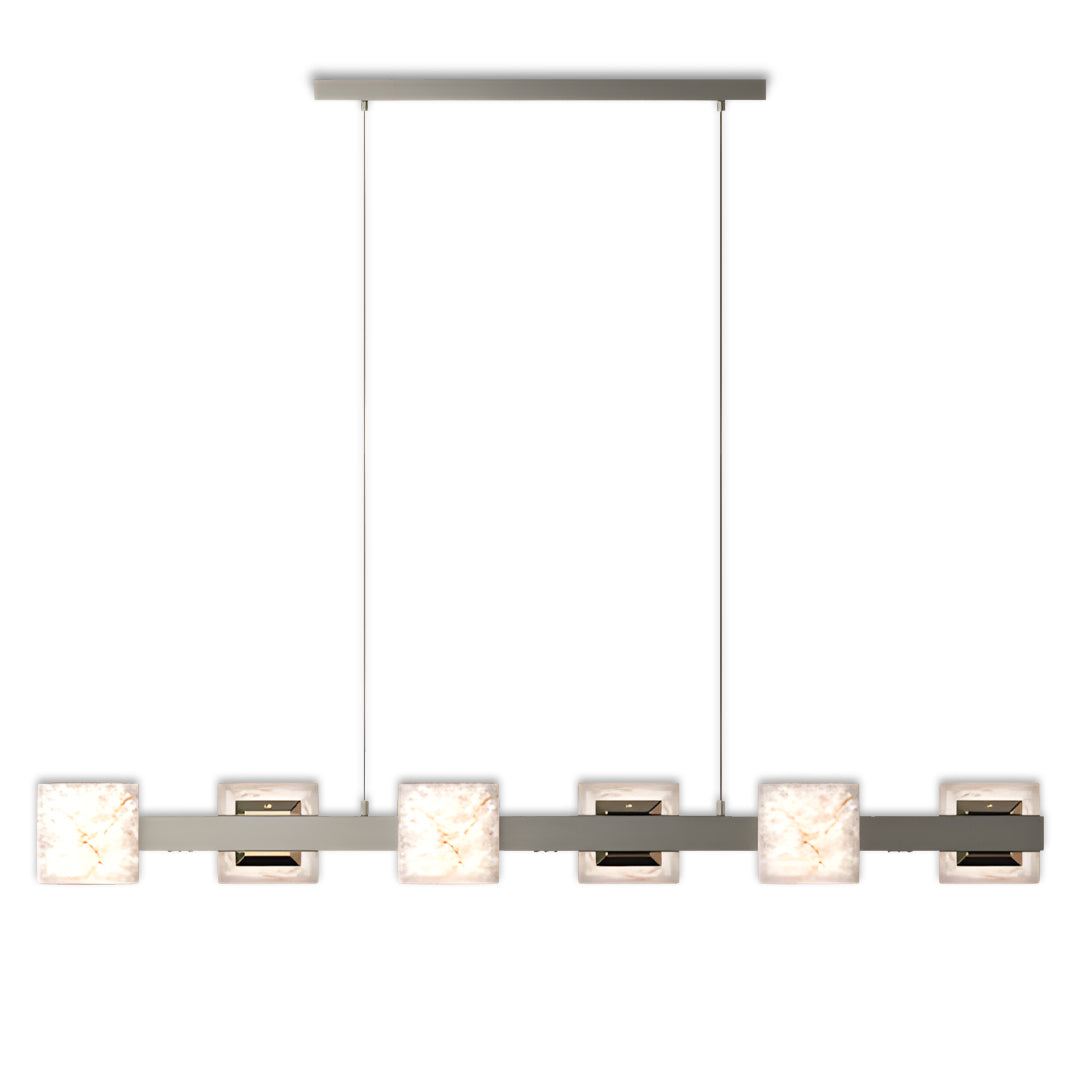 Modern circular kitchen island chandelier with suspended stone-textured shades and a dark metal ring.