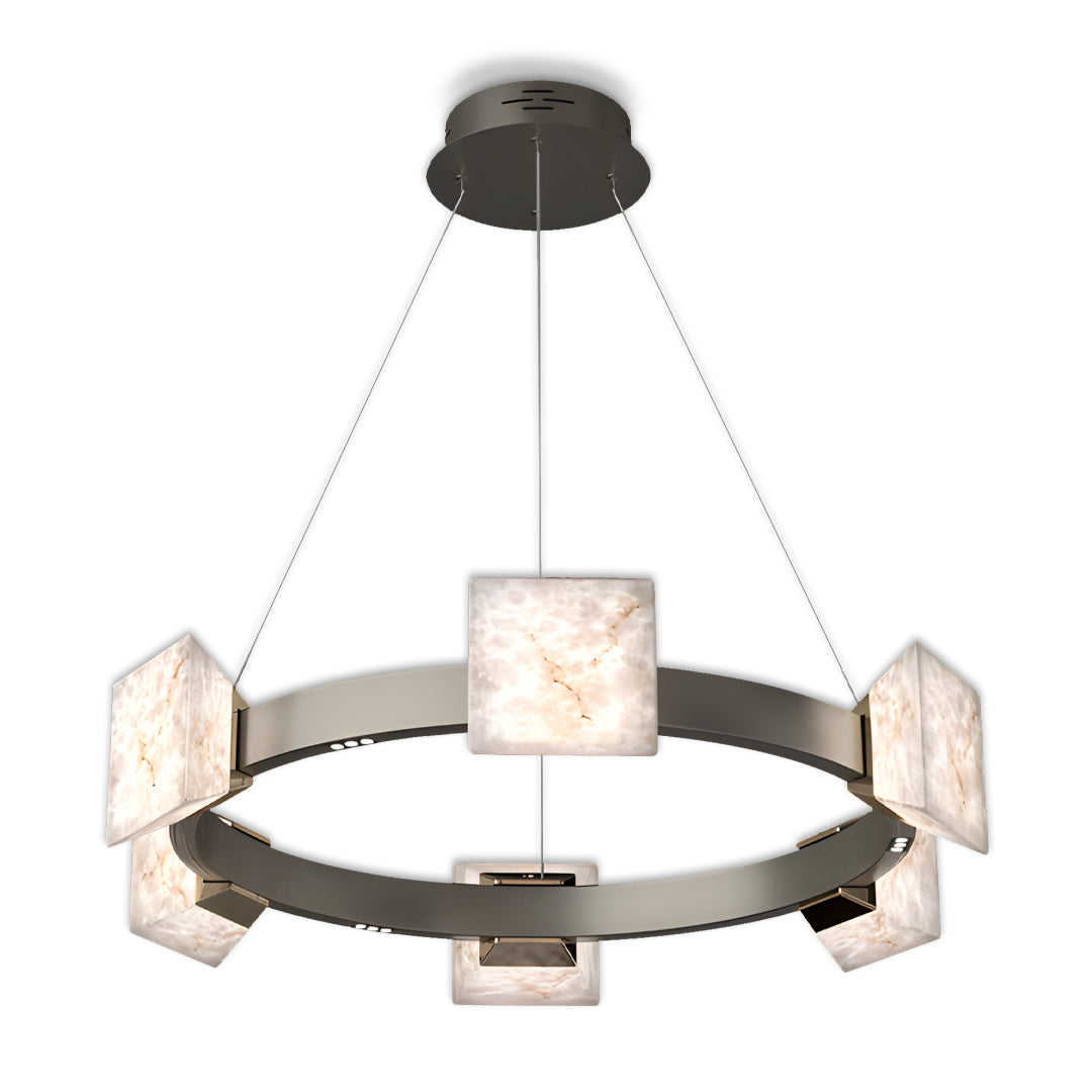 Kitchen island chandelier modern style featuring a compact circular design with stone cube lights.