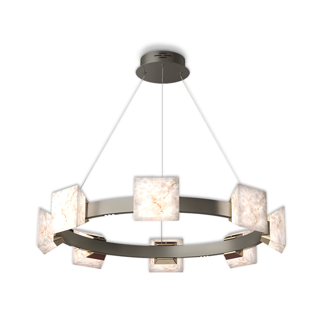 Dark round kitchen island chandelier modern design with evenly spaced stone-textured light blocks.