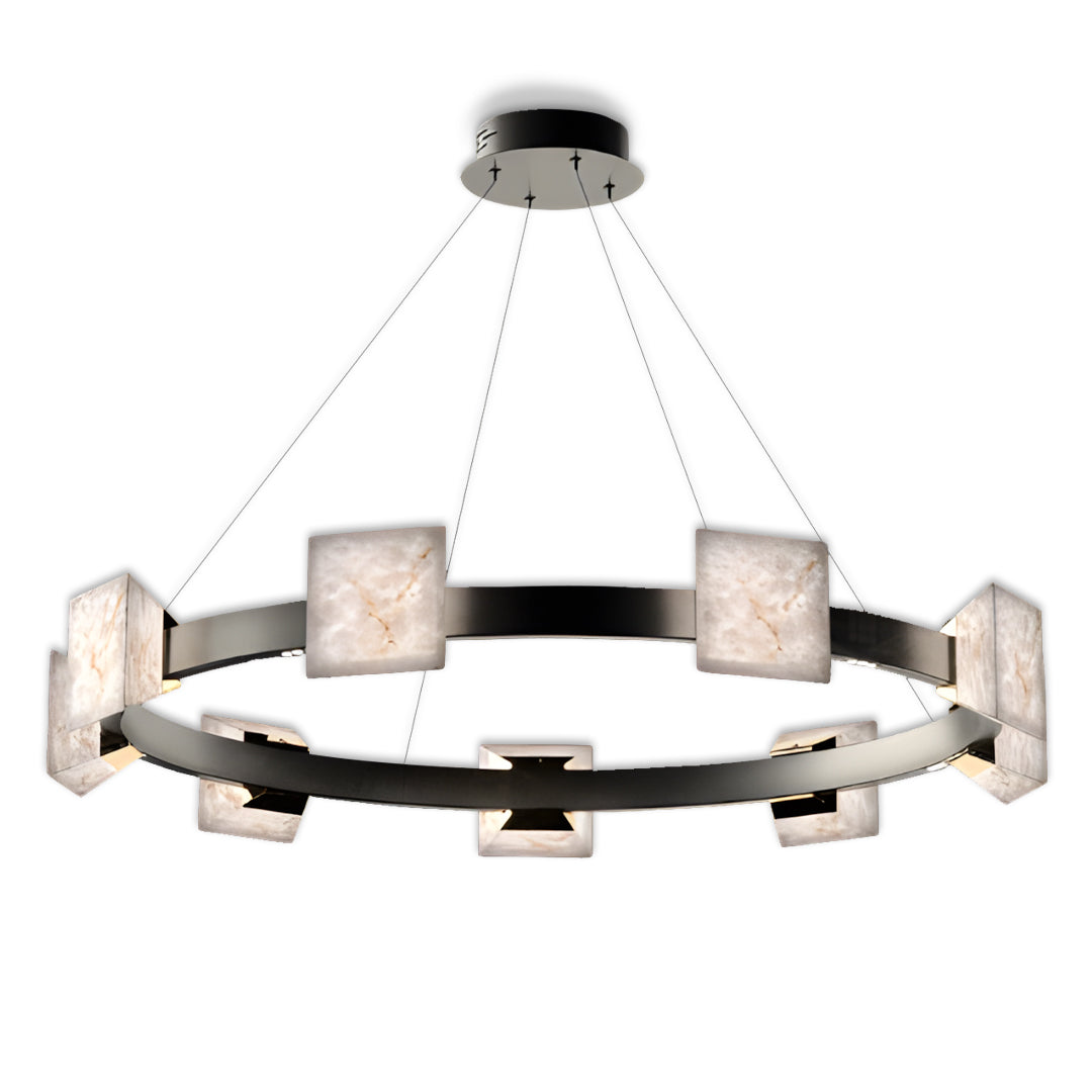 Modern kitchen island chandelier with a wide circular frame and multiple stone-style shades.