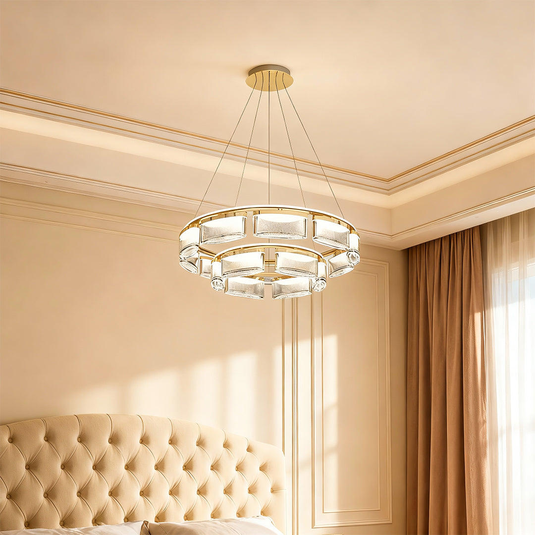 Kitchen island chandelier modern providing elegant lighting in traditional bedroom with tufted headboard and warm tones