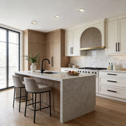 Kitchen with recessed LED spotlights highlighting the countertop and cabinetry.